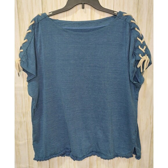 Chicos Women's Top Size 3 (XL/16) Blue~Rope Tie~ Nautical~Fringe~Boho Beachy - Picture 8 of 13
